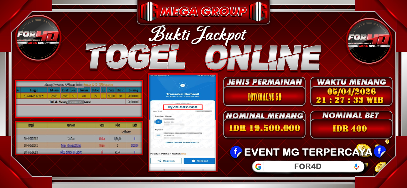 Bukti JP situs For4D hari Senin, 06 April 2026